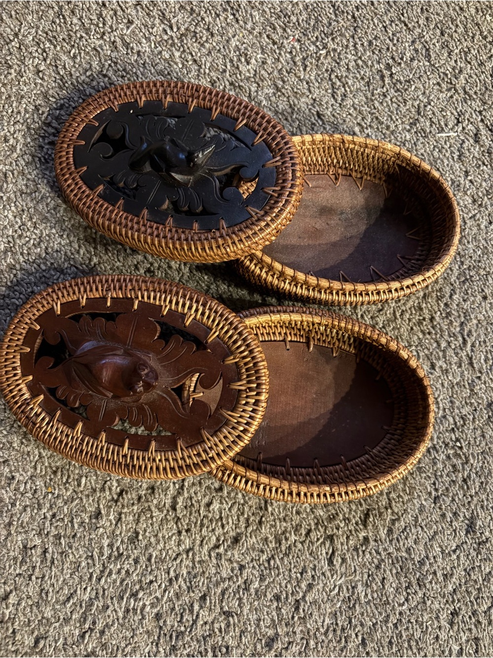 Woven Rattan Jewelry Trinket Boxes with Carved Wood Lids - Brown